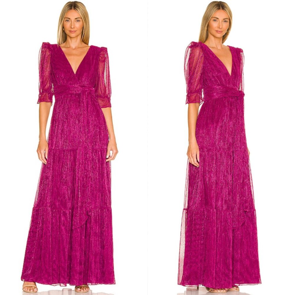 Tularosa Jainey Lurex Maxi Dress Deep Fuchsia | Surplice Bust Tie Waist | XS